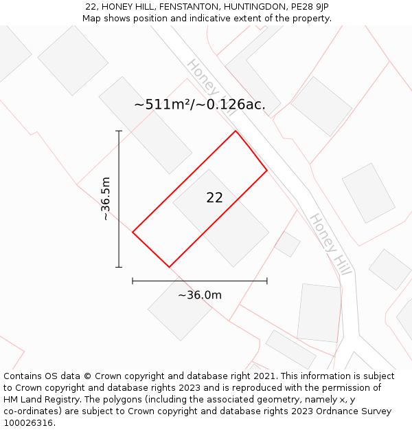 22, HONEY HILL, FENSTANTON, HUNTINGDON, PE28 9JP: Plot and title map