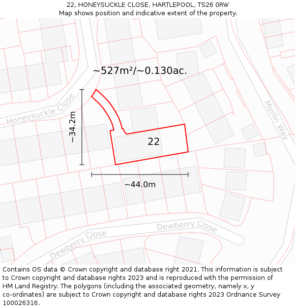 22, HONEYSUCKLE CLOSE, HARTLEPOOL, TS26 0RW: Plot and title map