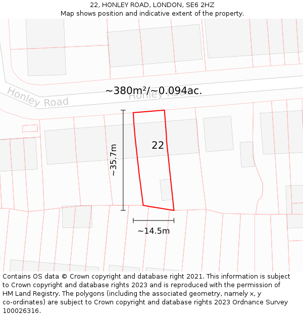 22, HONLEY ROAD, LONDON, SE6 2HZ: Plot and title map
