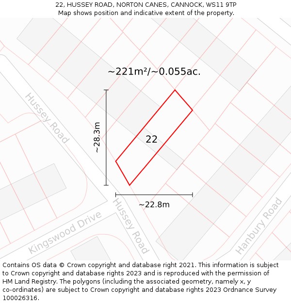 22, HUSSEY ROAD, NORTON CANES, CANNOCK, WS11 9TP: Plot and title map