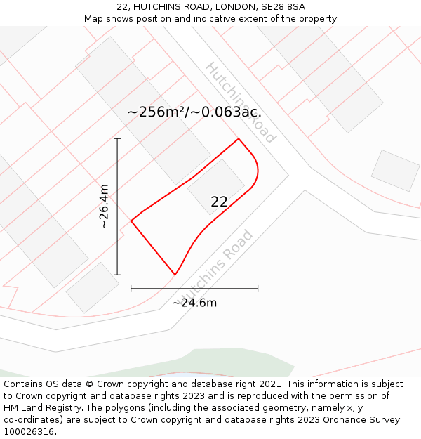 22, HUTCHINS ROAD, LONDON, SE28 8SA: Plot and title map