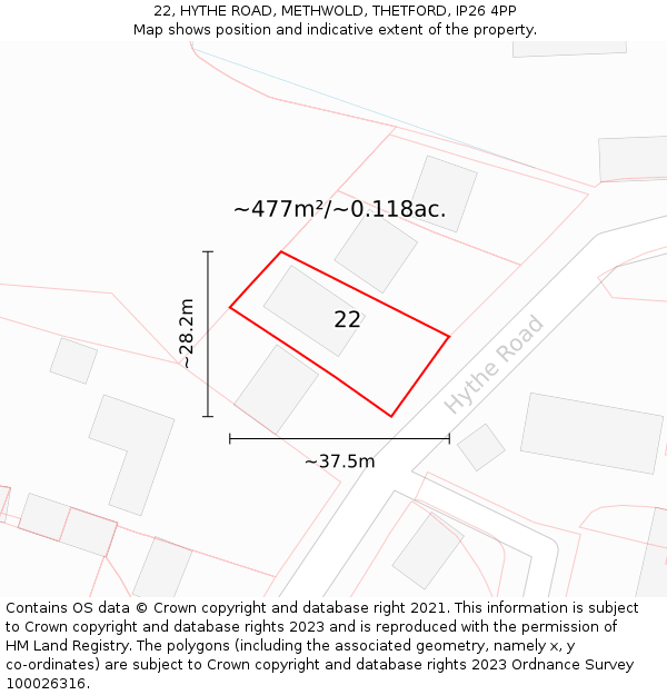 22, HYTHE ROAD, METHWOLD, THETFORD, IP26 4PP: Plot and title map