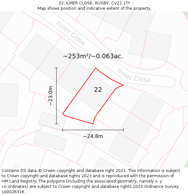 22, ILMER CLOSE, RUGBY, CV21 1TY: Plot and title map