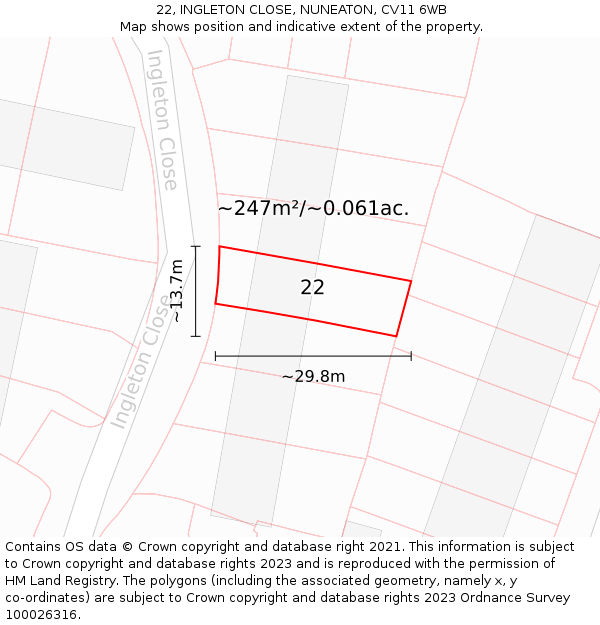 22, INGLETON CLOSE, NUNEATON, CV11 6WB: Plot and title map