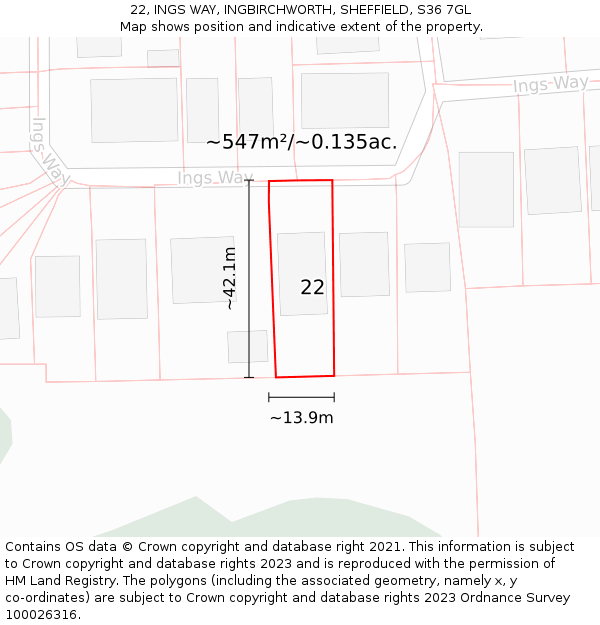 22, INGS WAY, INGBIRCHWORTH, SHEFFIELD, S36 7GL: Plot and title map
