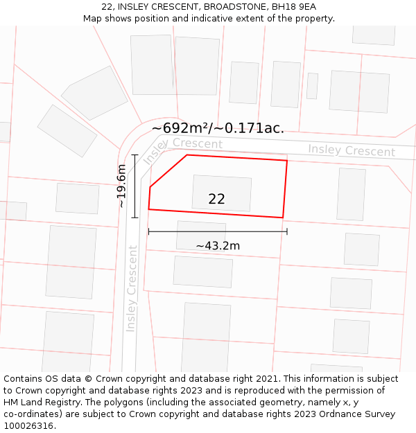 22, INSLEY CRESCENT, BROADSTONE, BH18 9EA: Plot and title map