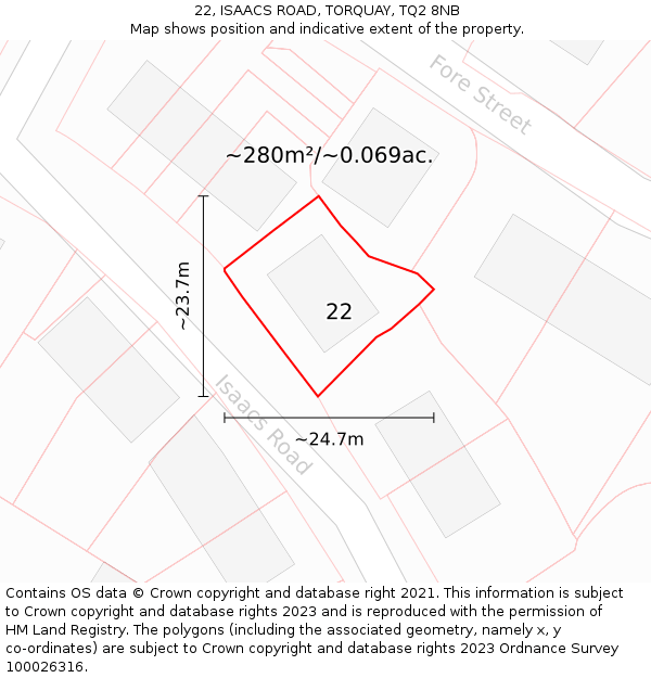 22, ISAACS ROAD, TORQUAY, TQ2 8NB: Plot and title map