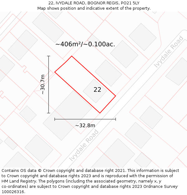 22, IVYDALE ROAD, BOGNOR REGIS, PO21 5LY: Plot and title map