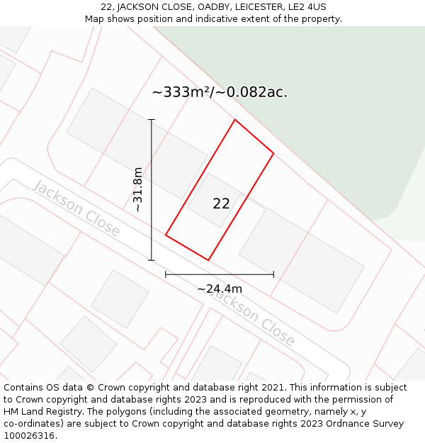 22, JACKSON CLOSE, OADBY, LEICESTER, LE2 4US: Plot and title map