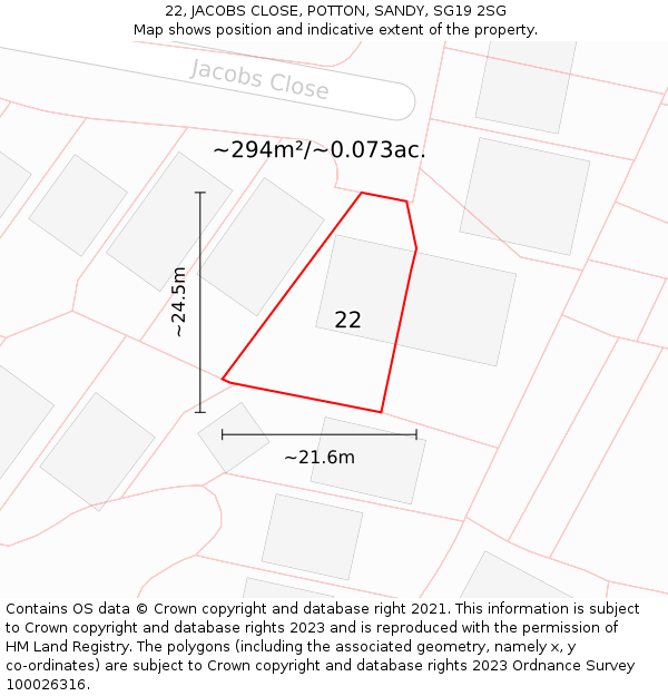 22, JACOBS CLOSE, POTTON, SANDY, SG19 2SG: Plot and title map