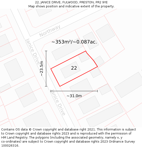 22, JANICE DRIVE, FULWOOD, PRESTON, PR2 9YE: Plot and title map