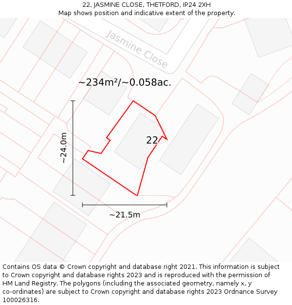 22, JASMINE CLOSE, THETFORD, IP24 2XH: Plot and title map