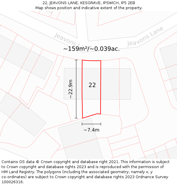 22, JEAVONS LANE, KESGRAVE, IPSWICH, IP5 2EB: Plot and title map