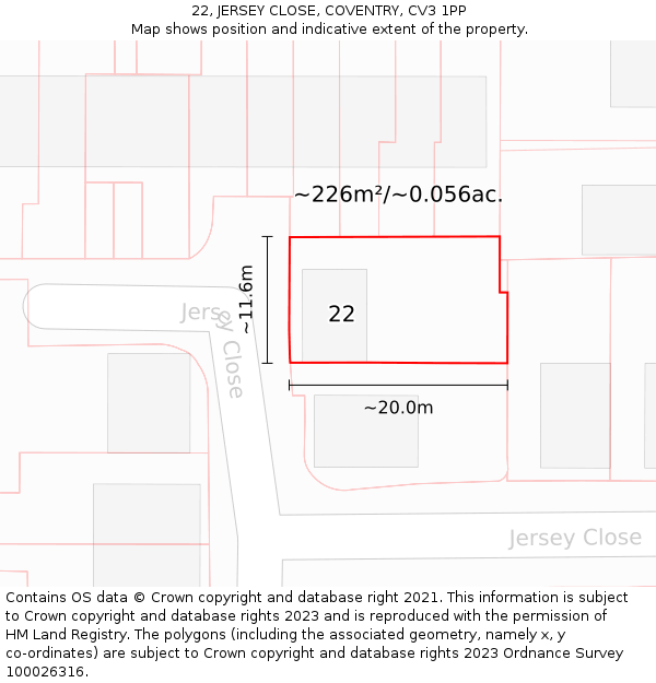 22, JERSEY CLOSE, COVENTRY, CV3 1PP: Plot and title map