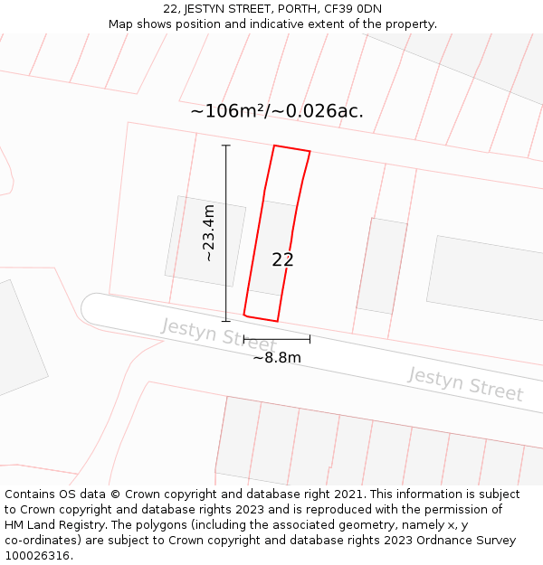 22, JESTYN STREET, PORTH, CF39 0DN: Plot and title map