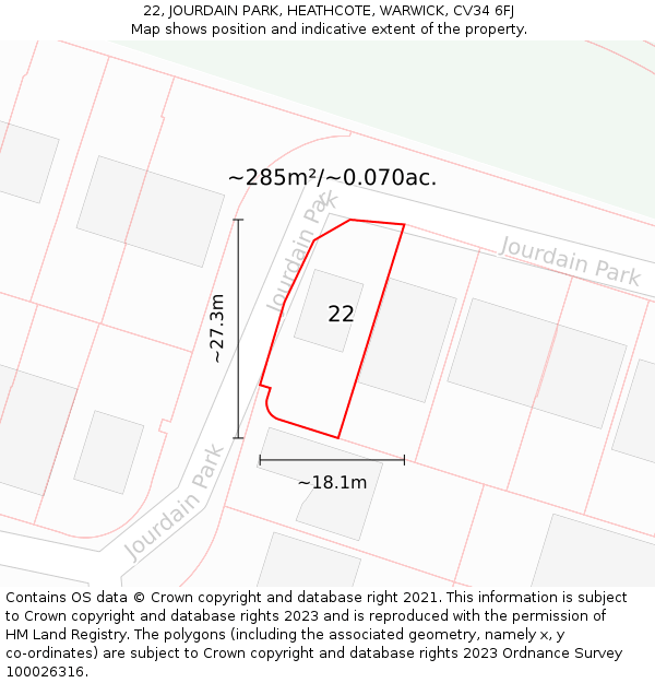 22, JOURDAIN PARK, HEATHCOTE, WARWICK, CV34 6FJ: Plot and title map