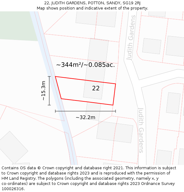 22, JUDITH GARDENS, POTTON, SANDY, SG19 2RJ: Plot and title map