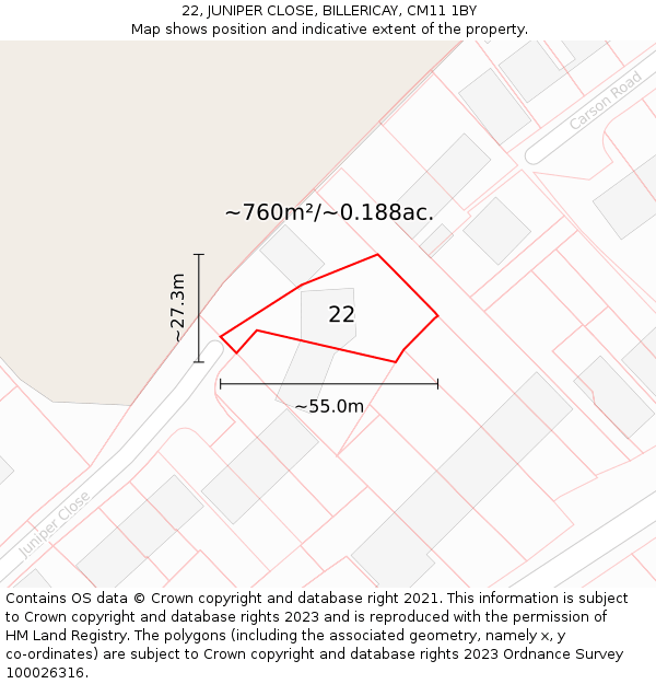 22, JUNIPER CLOSE, BILLERICAY, CM11 1BY: Plot and title map