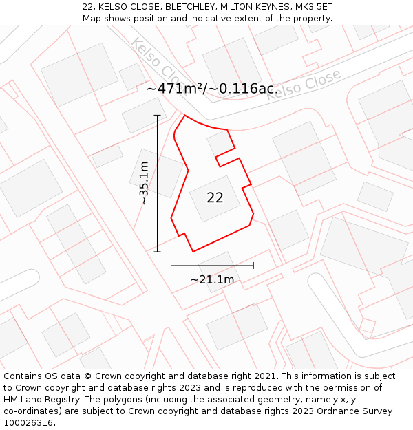 22, KELSO CLOSE, BLETCHLEY, MILTON KEYNES, MK3 5ET: Plot and title map