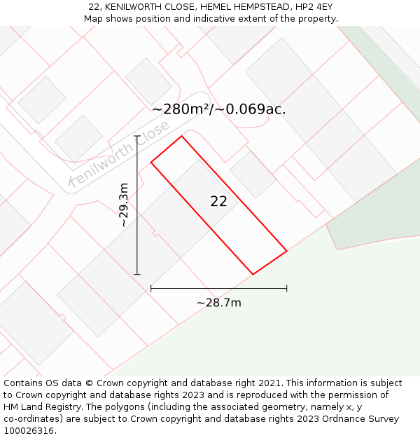 22, KENILWORTH CLOSE, HEMEL HEMPSTEAD, HP2 4EY: Plot and title map