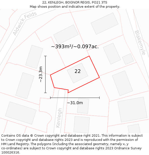 22, KENLEGH, BOGNOR REGIS, PO21 3TS: Plot and title map