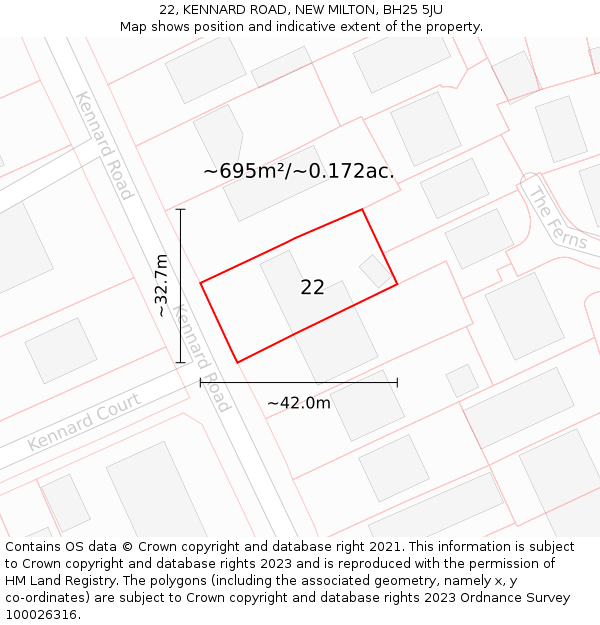 22, KENNARD ROAD, NEW MILTON, BH25 5JU: Plot and title map