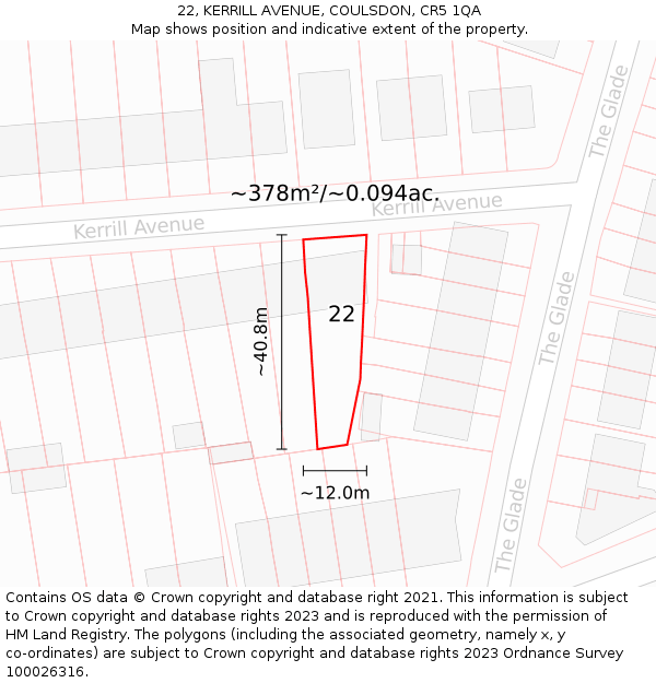 22, KERRILL AVENUE, COULSDON, CR5 1QA: Plot and title map