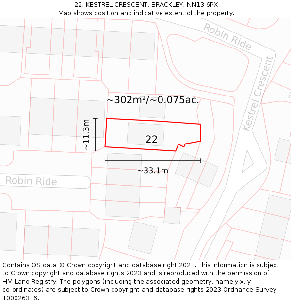 22, KESTREL CRESCENT, BRACKLEY, NN13 6PX: Plot and title map