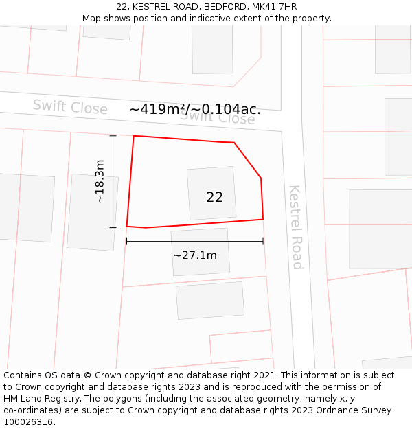 22, KESTREL ROAD, BEDFORD, MK41 7HR: Plot and title map