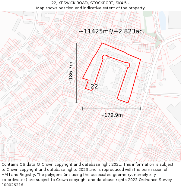 22, KESWICK ROAD, STOCKPORT, SK4 5JU: Plot and title map