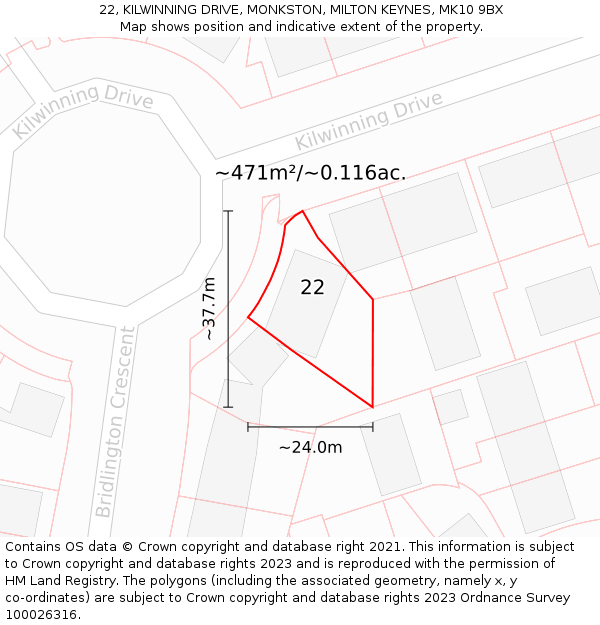 22, KILWINNING DRIVE, MONKSTON, MILTON KEYNES, MK10 9BX: Plot and title map