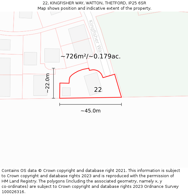 22, KINGFISHER WAY, WATTON, THETFORD, IP25 6SR: Plot and title map