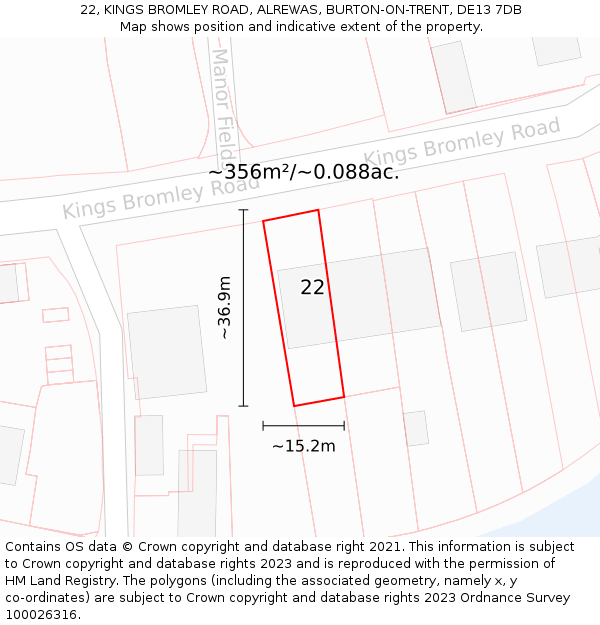 22, KINGS BROMLEY ROAD, ALREWAS, BURTON-ON-TRENT, DE13 7DB: Plot and title map