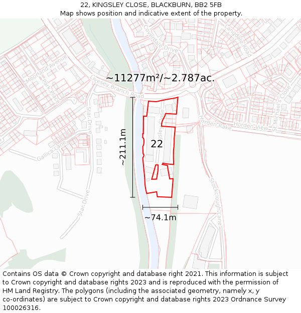 22, KINGSLEY CLOSE, BLACKBURN, BB2 5FB: Plot and title map