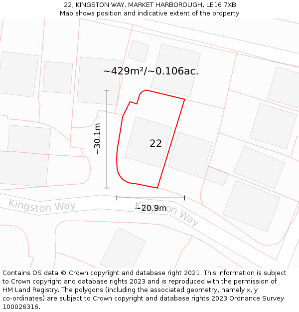 22, KINGSTON WAY, MARKET HARBOROUGH, LE16 7XB: Plot and title map