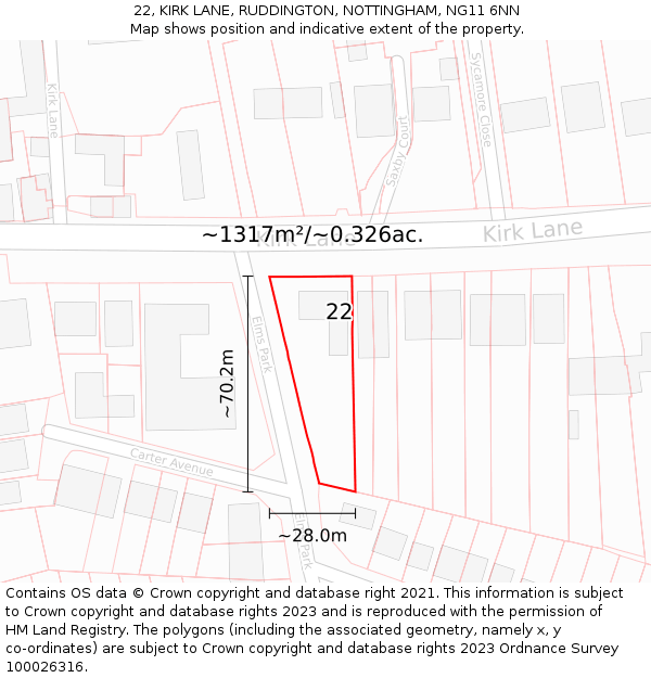 22, KIRK LANE, RUDDINGTON, NOTTINGHAM, NG11 6NN: Plot and title map