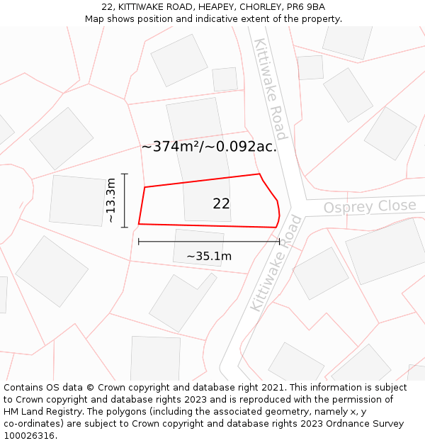 22, KITTIWAKE ROAD, HEAPEY, CHORLEY, PR6 9BA: Plot and title map