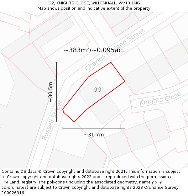 22, KNIGHTS CLOSE, WILLENHALL, WV13 1NG: Plot and title map