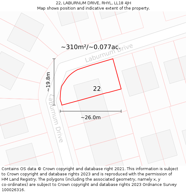 22, LABURNUM DRIVE, RHYL, LL18 4JH: Plot and title map