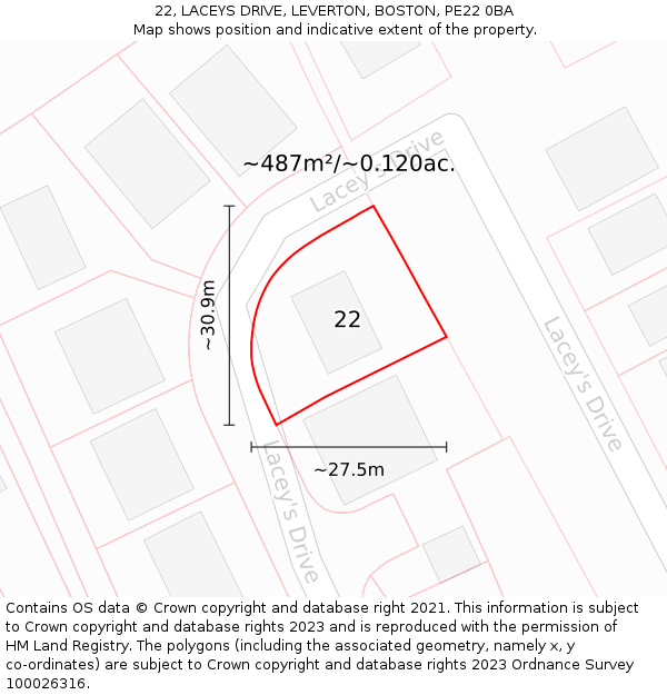 22, LACEYS DRIVE, LEVERTON, BOSTON, PE22 0BA: Plot and title map