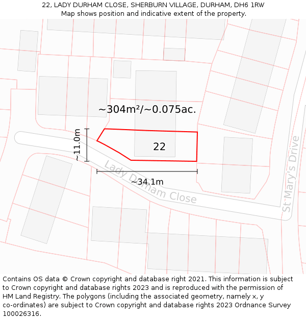 22, LADY DURHAM CLOSE, SHERBURN VILLAGE, DURHAM, DH6 1RW: Plot and title map