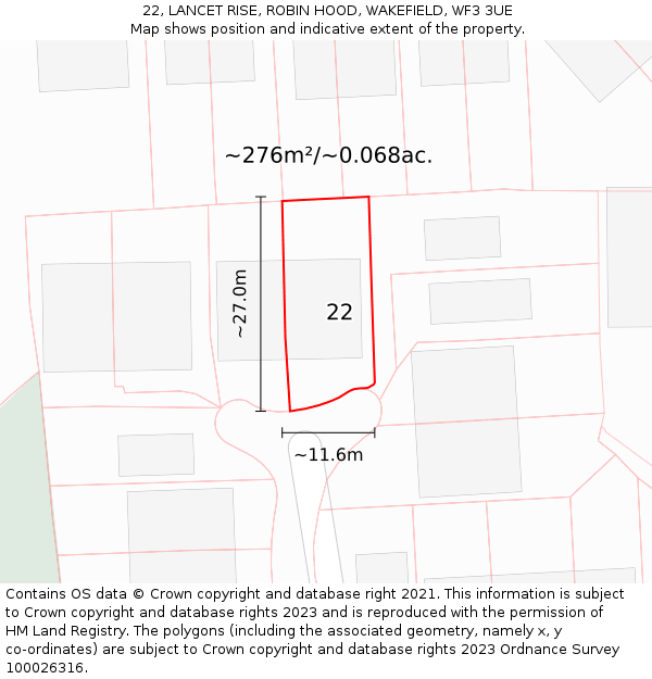 22, LANCET RISE, ROBIN HOOD, WAKEFIELD, WF3 3UE: Plot and title map