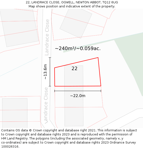 22, LANDRACE CLOSE, OGWELL, NEWTON ABBOT, TQ12 6UG: Plot and title map