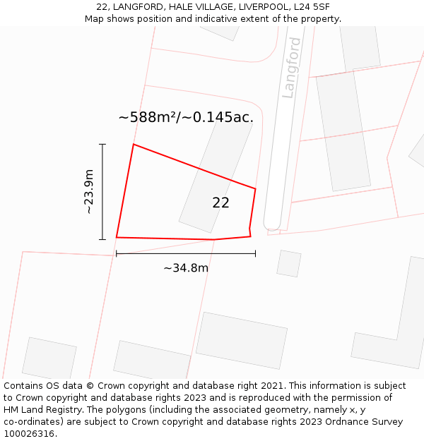 22, LANGFORD, HALE VILLAGE, LIVERPOOL, L24 5SF: Plot and title map