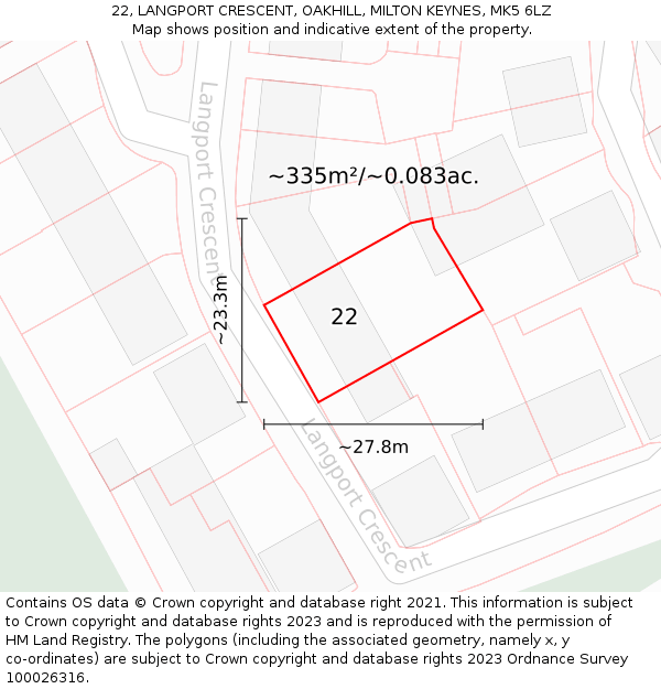 22, LANGPORT CRESCENT, OAKHILL, MILTON KEYNES, MK5 6LZ: Plot and title map