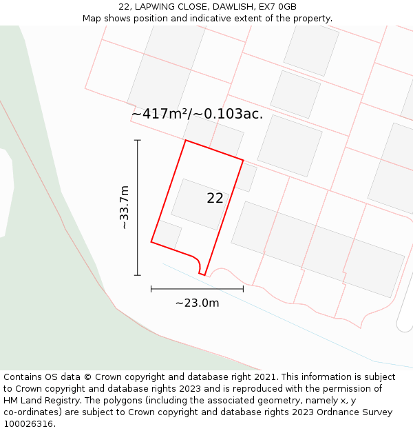 22, LAPWING CLOSE, DAWLISH, EX7 0GB: Plot and title map