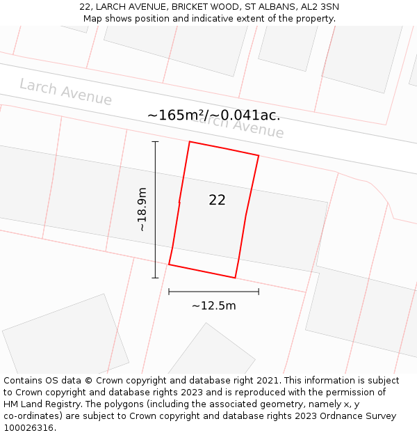 22, LARCH AVENUE, BRICKET WOOD, ST ALBANS, AL2 3SN: Plot and title map