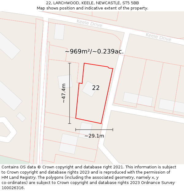 22, LARCHWOOD, KEELE, NEWCASTLE, ST5 5BB: Plot and title map