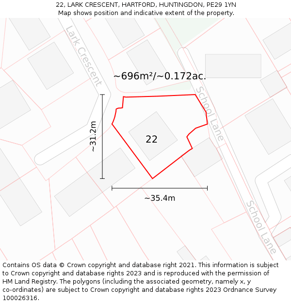 22, LARK CRESCENT, HARTFORD, HUNTINGDON, PE29 1YN: Plot and title map