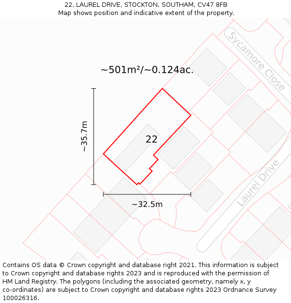 22, LAUREL DRIVE, STOCKTON, SOUTHAM, CV47 8FB: Plot and title map